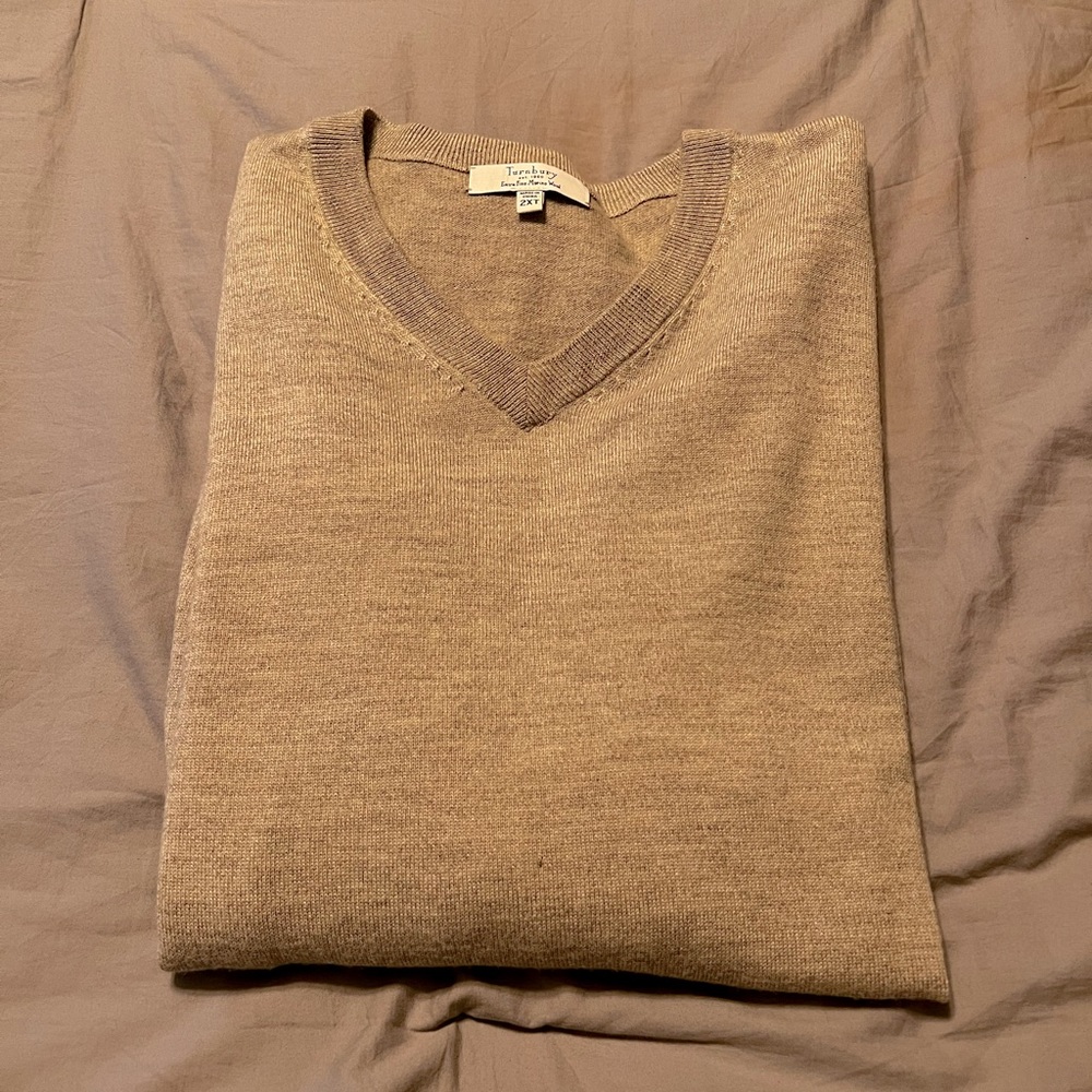 Men’s Turnbury V-neck Sweater 2XL Tall Beige 100% Extra Fine Merino wool